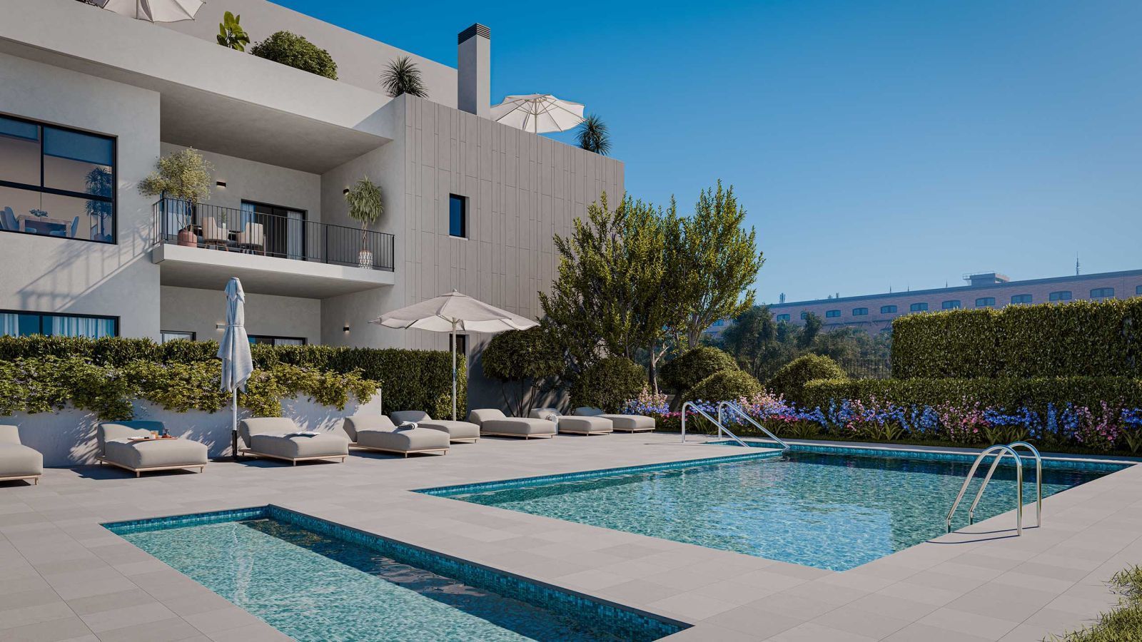 02 modern pool area with loungers